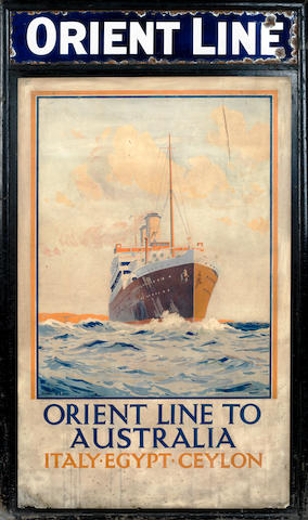 A 'Orient Line' poster display board, circa 1930, 49 ins (125cm) high x 28 1/2 ins (72.5cm) wide