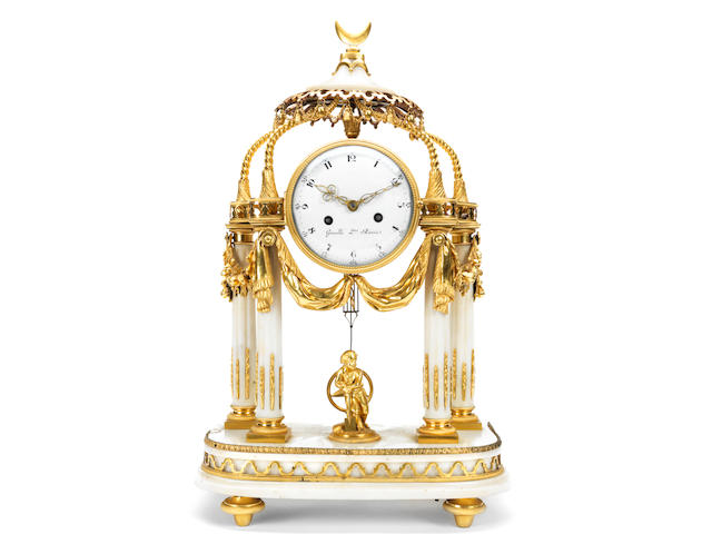 A 19th century French gilt bronze and marble mantel clock the dial and movement signed Gavelle Lane Paris possibly for the Turkish market,