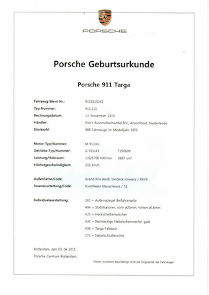 One of a mere 5 believed delivered new to the Rijkspolitie in 1974,1974 Porsche 911 2.7-Litre Targa 'ALEX 12.85' Rijkspolitie  Chassis no. 9115110341 Engine no. 6359081 image 6