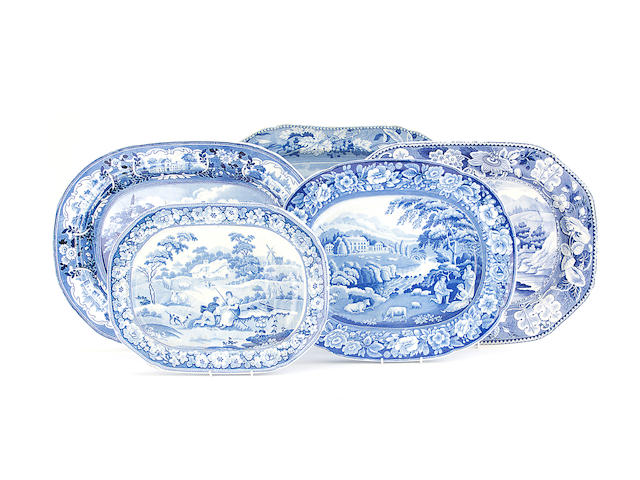Five blue and white printed earthenware platters, circa 1820-40