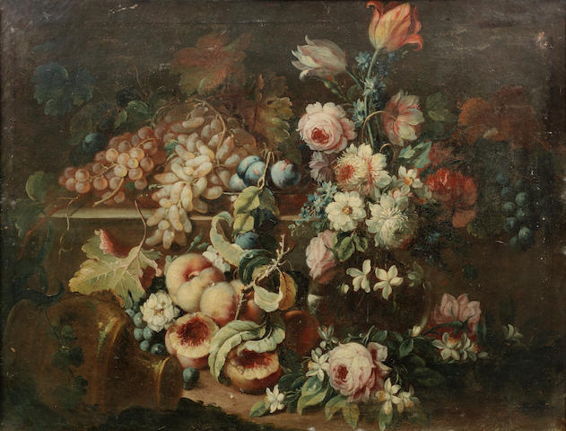 Maximilian Pfeiler (active Rome, circa 1694-circa 1721 Budapest) Roses, tulips, narcissi and other flowers in a glass vase with peaches, plums and grapes on a stone ledge