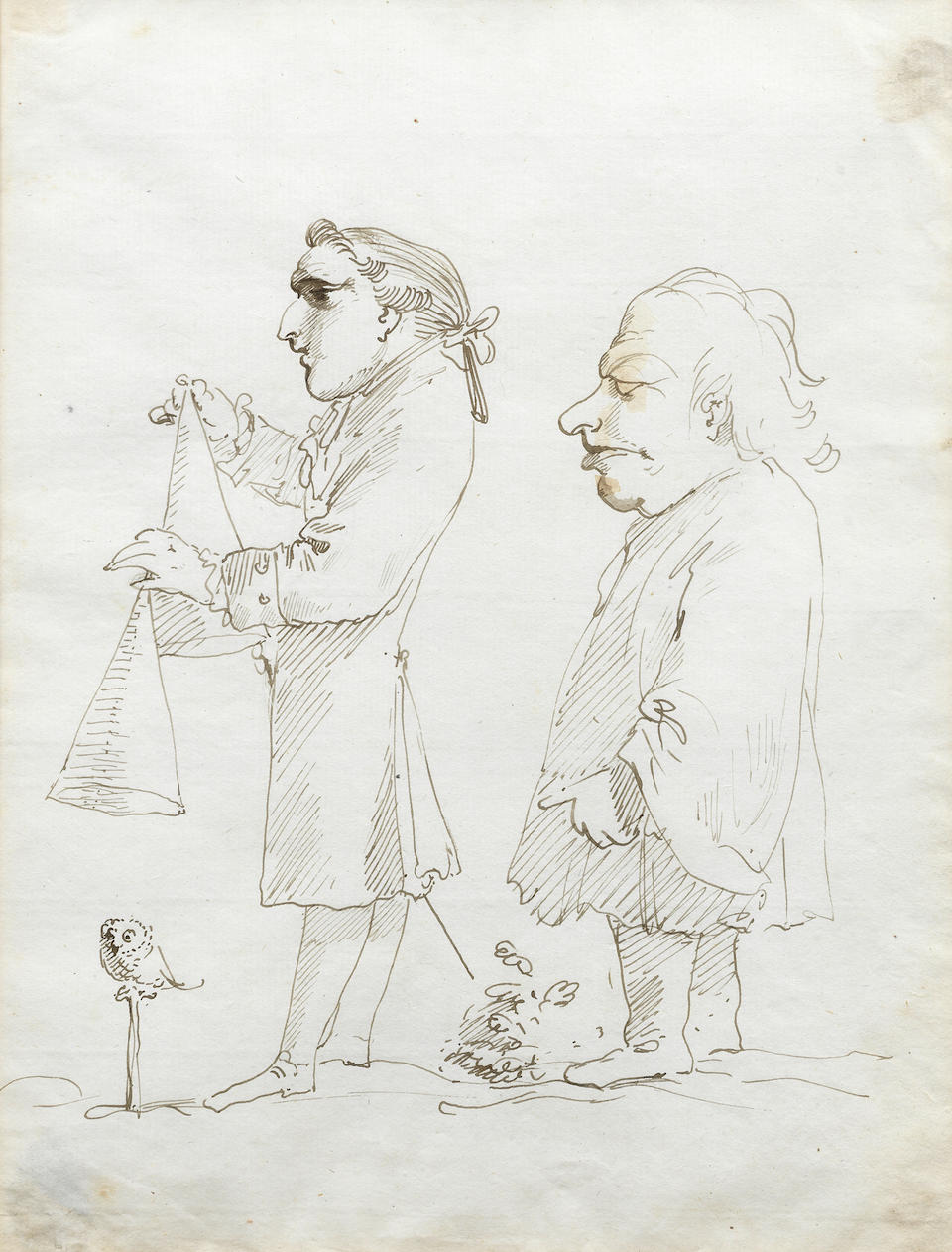 Circle of Pier Leone Ghezzi (Rome 1674-1755) A caricature of two men with a baby owl (with two other 18th Century Italian drawings of figures and a watercolour view of the Kremlin, circa 1790 (4))