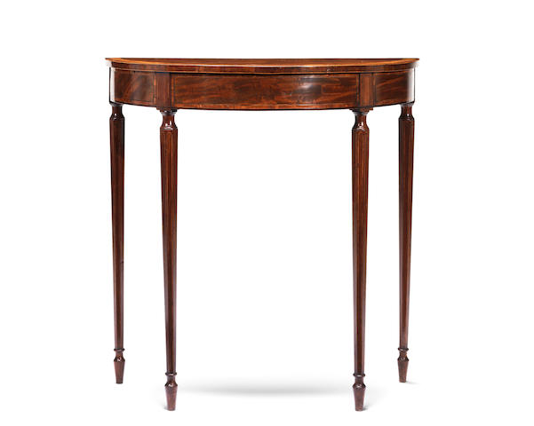 A George III mahogany and satinwood crossbanded demi-lune pier table