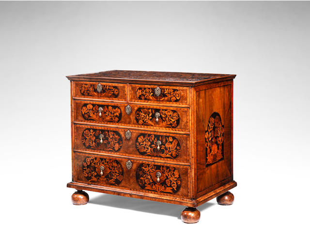 A William and Mary walnut and sycamore floral marquetry chest