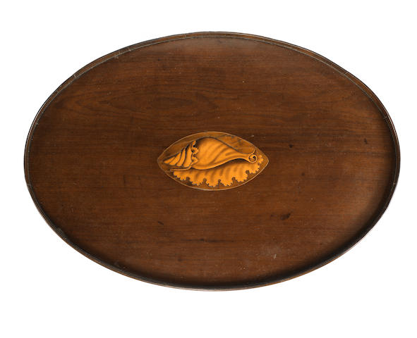 A large George III mahogany and sycamore marquetry oval tray
