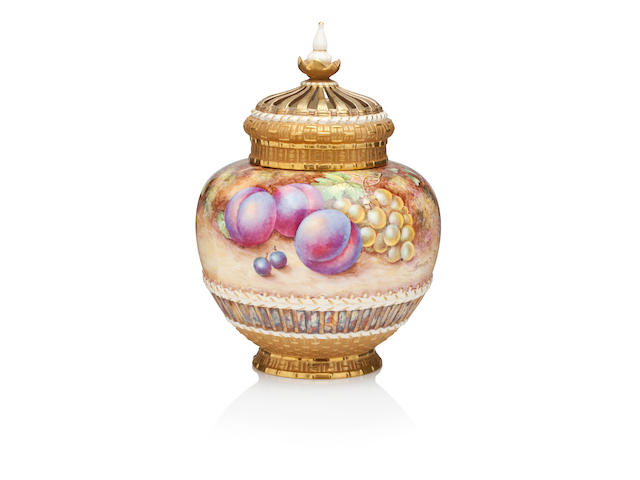 A Royal Worcester fruit painted pot pourri vase and cover by Freeman Post war