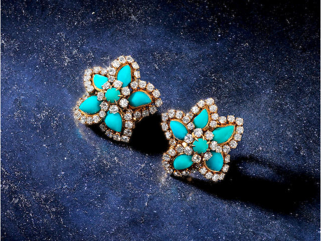 A pair of turquoise and diamond earclips, by Van Cleef & Arpels,