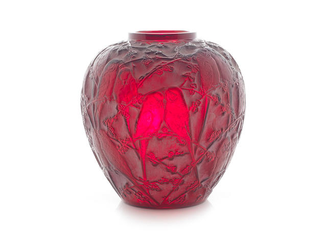 A Ren&#233; Lalique Frosted and Polished Red Glass 'Perruches' Vase  ENGRAVED SIGNATURE 'R.LALIQUE'; PRE 1945