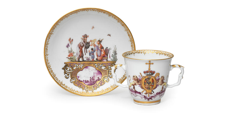 A very rare Meissen armorial two-handled beaker and saucer from the service for the Elector Clemens August of Cologne, dated 1735