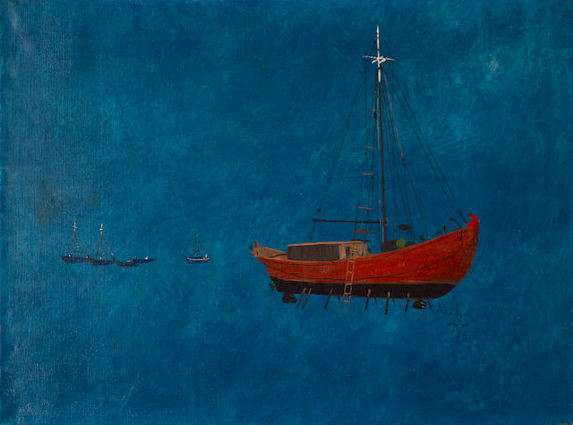 Spyros Vassiliou (Greek, 1902-1984) The red boat 53 x 73 cm.