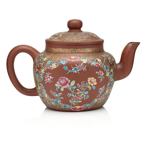 An unusual large enamelled yixing teapot and cover Circa 1820, signed Shao Yuanhua