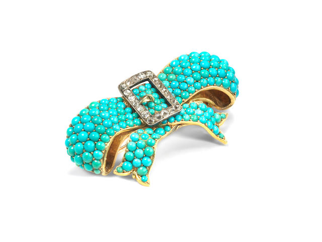 A mid 19th century turquoise and diamond bow brooch