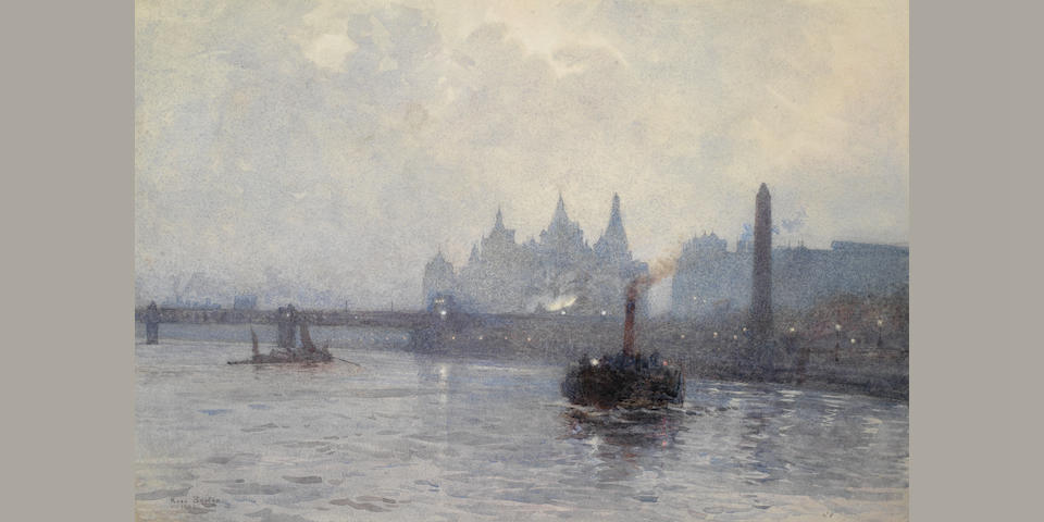 Rose Maynard Barton, R.W.S. (Irish, 1865-1929) A view of Charing Cross Bridge from the Thames