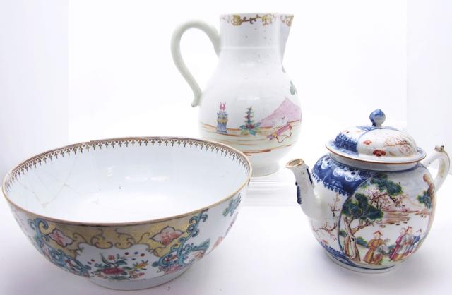 A famille rose Valentine pattern jug, teapot and punch bowl  18th century
