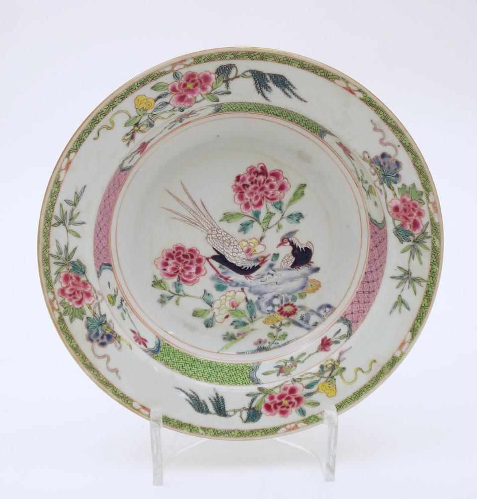 A famille rose armorial soup plate and four other famille rose plates 18th/19th century (5)
