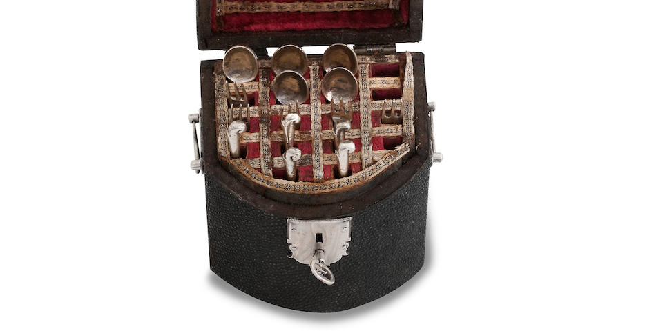 A rare George II cased miniature canteen of cutlery unmarked, circa 1740