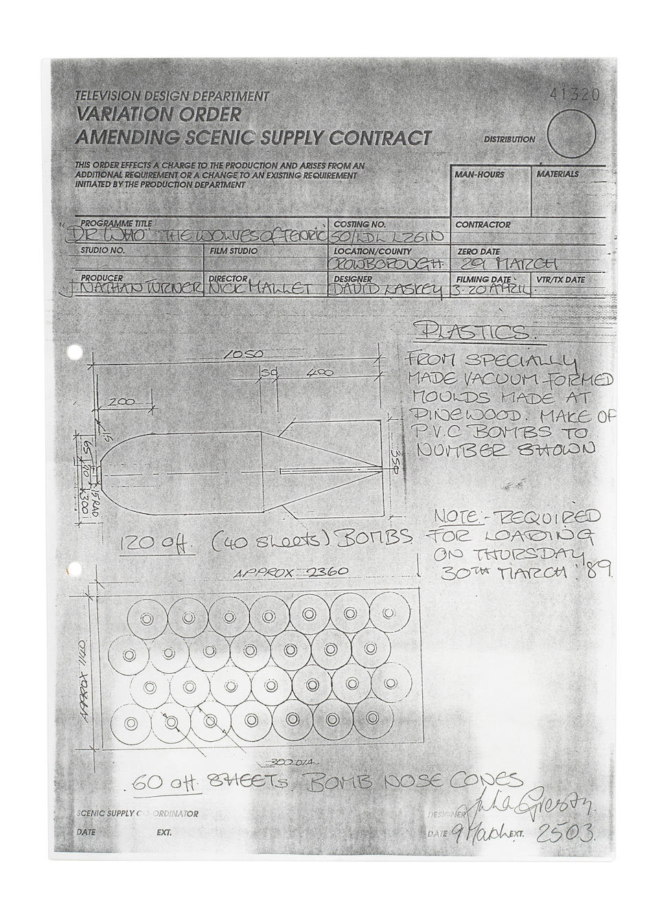 Doctor Who - The Curse of Fenric: a prop chemical bomb and related construction paperwork,  BBC, 1989, 4