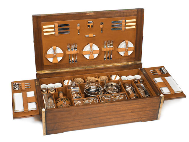 A fine and impressive wooden cased six-person picnic set and games table combination, by Barrett & Sons, pre-War,