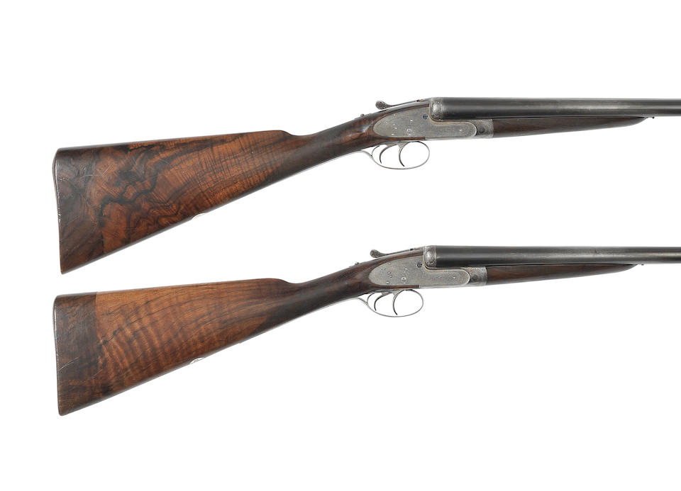 A pair of 12-bore self-opening sidelock ejector guns by J. Purdey & Sons, no. 15824/5 In separate cases, one canvas the other leather