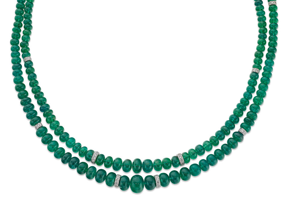 Bonhams : An emerald and diamond bead necklace