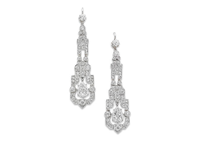 A pair of Art Deco diamond pendent earrings, circa 1925
