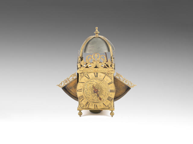A very rare mid 17th century brass striking lantern clock with unique dial pattern and very early pendulum escapement Peter Closon, London