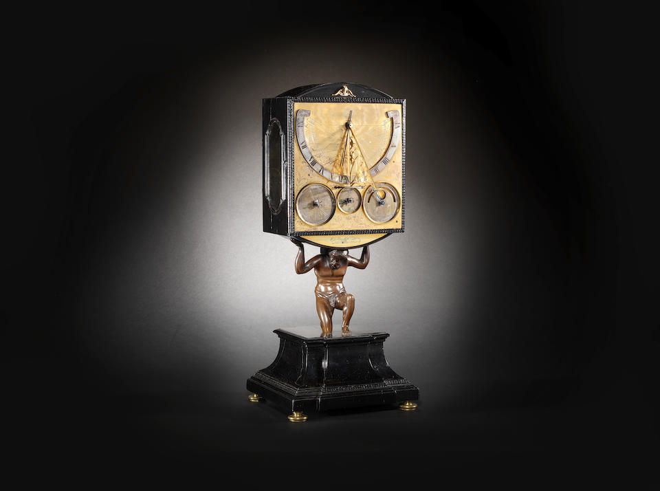 An important mid 17th century German bronze mounted ebony table clock with vertical sundial,  Davidt Buschmann