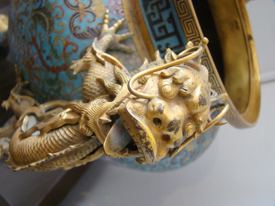 A large Chinese cloisonn&#233; censer with 'dragon' handles Qianlong four-character embossed mark