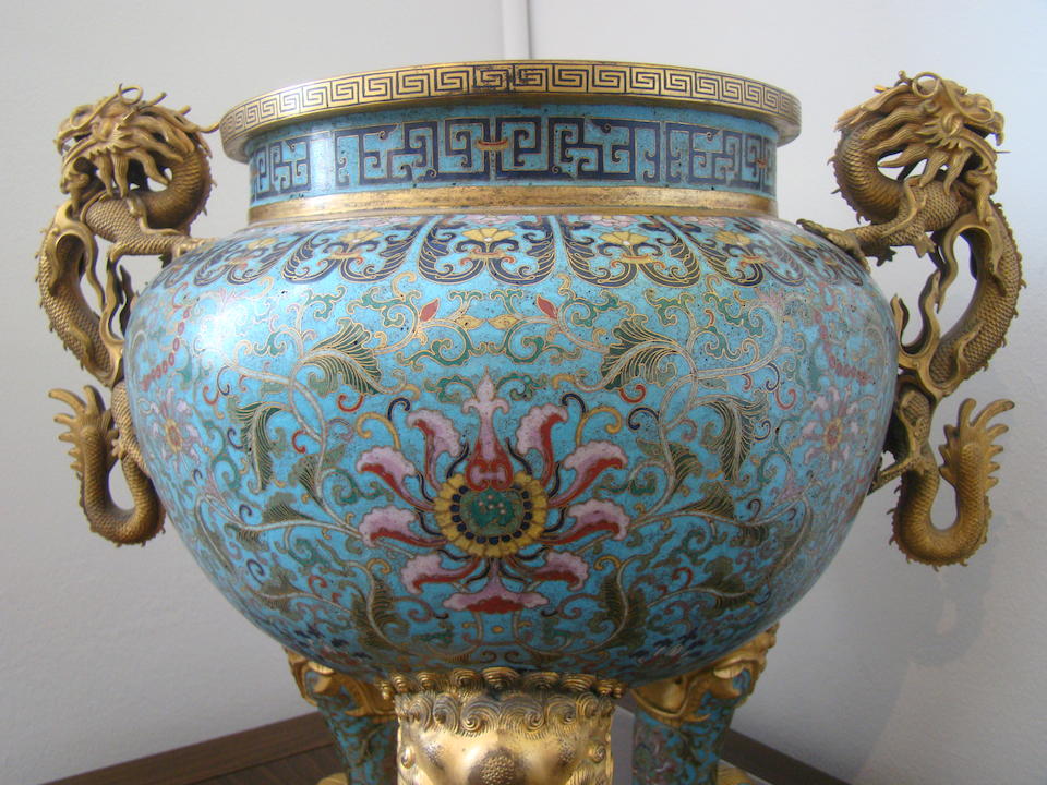 A large Chinese cloisonn&#233; censer with 'dragon' handles Qianlong four-character embossed mark