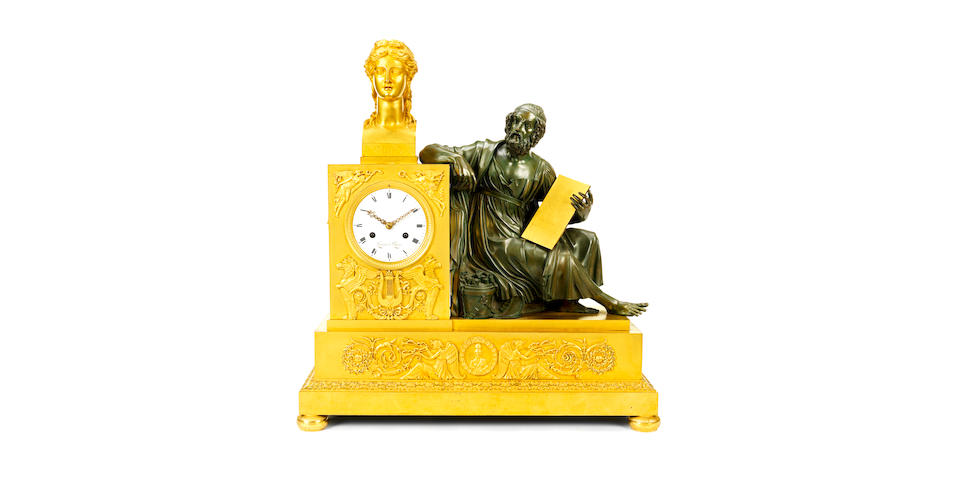 A large Empire gilt and patinated bronze figure clock depicting Hesiod the dial and movement signed Lesieur a Paris