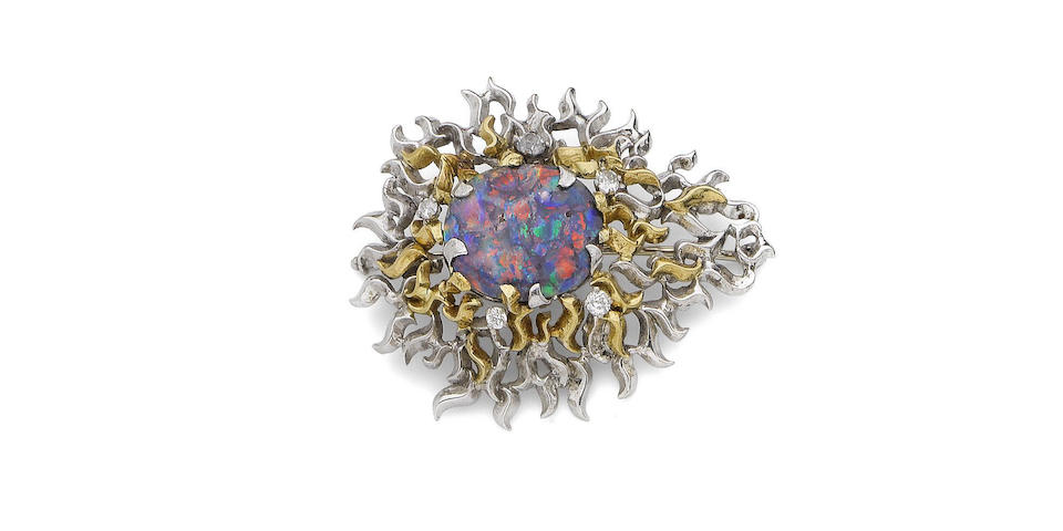 An opal and diamond brooch, by John Donald,