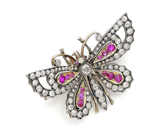 Bonhams : A ruby and diamond butterfly brooch,