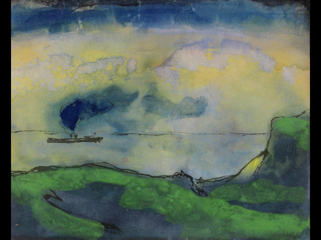 Emil Nolde (German, 1867-1956) Gr&#252;ne K&#252;stenlandschaft mit Dampfer (This work belongs to a series of seascapes executed on the coast of St. Peter, Germany, during Spring 1946.)