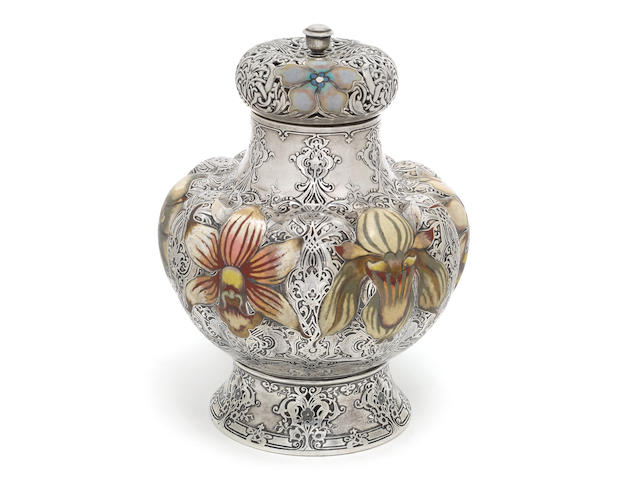 TIFFANY: A rare silver, inlaid niello and matte enamel 'saracenic' pot pourri pot incuse stamped Tiffany & Co, circa 1890, numbered 9349 and 4035