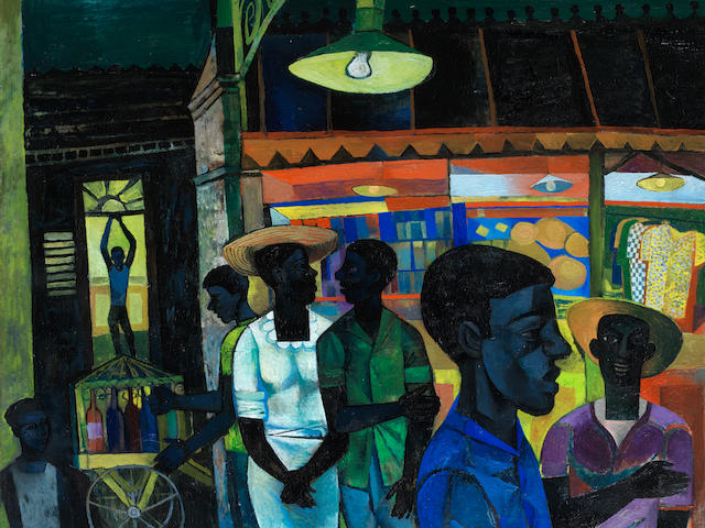 John Minton (British, 1917-1957) Jamaican market 50.8 x 60.9 cm. (20 x 24 in.)