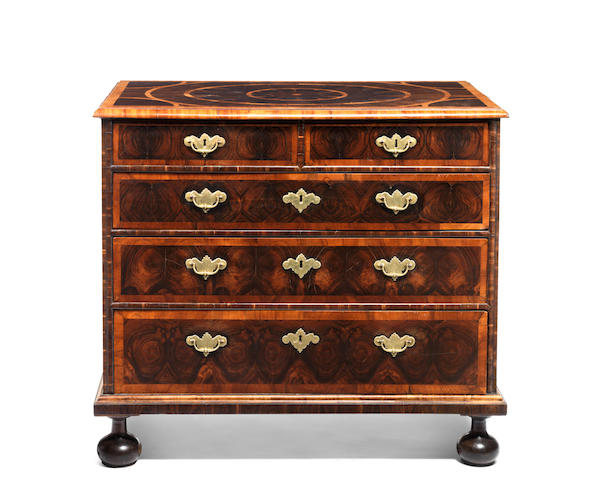 A William & Mary walnut and olive wood oyster veneered chest
