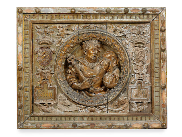 A highly important Henry VIII parcel-gilt, polychrome-decorated and carved oak panel, circa 1545, possibly depicting King John, and reputedly from the London house of William Paulet, first Marques of Winchester (by 1488 &#8211; 1572)