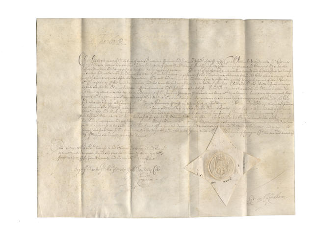 CHARLES I Passport signed ("Charles R" at head), licensing Sir Thomas Littleton, Bt., "to passe out of this our realme into the part beyond the Seas, there to remayne the space of three yeres" with four servants, fifty pounds and "his trunckes and necessaries", Hampton Court, 22 May [1636]