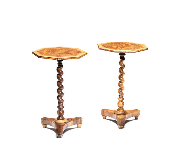 A pair of 19th century olivewood, plane and sycamore banded octagonal occasional tablesin the William and Mary style (2)