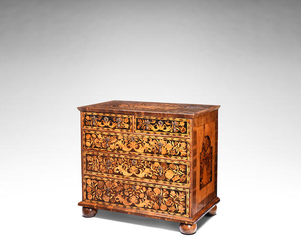 A William and Mary walnut, sycamore banded floral marquetry and oyster veneered chest