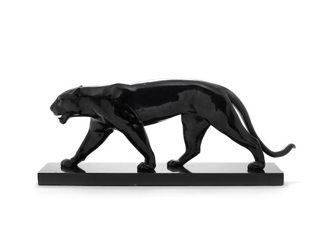 'Baghera' an art deco patinated art metal model of a panther by Max Le Verrier ENGRAVED TO BASE 'M.LE VERRIER'; CIRCA 1925
