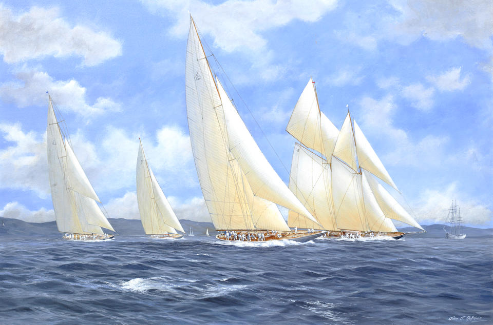 John J. Holmes (British, 20th Century) Westward and Yankee leading the fleet with Britannia and Shamrock V astern; and A J-class Regatta, 1932 each 61 x 91cm (24 x 35 13/16in).(2)