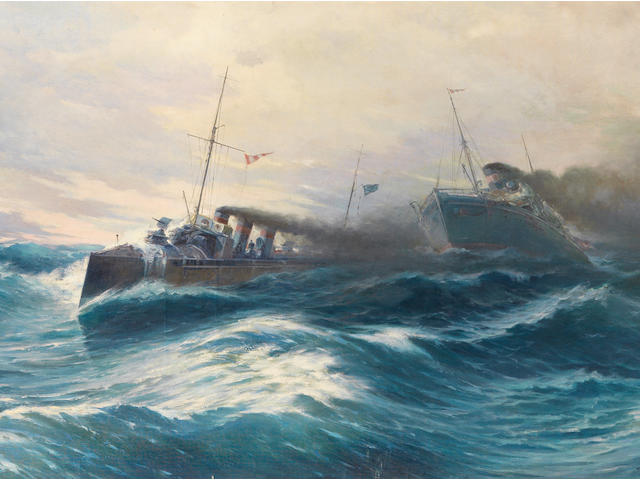 Vasilios Chatzis (Greek, 1870-1915) Seascape/The destroyer Thyella 81 x 168 cm.