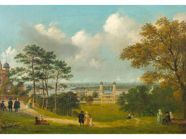 Circle of Thomas Shotter Boys (London 1803-1874) A view of London from the Greenwich Observatory with figures in the foreground