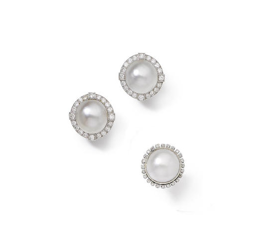 Bonhams : A pair of mabé pearl and diamond earclips and ring, (2)