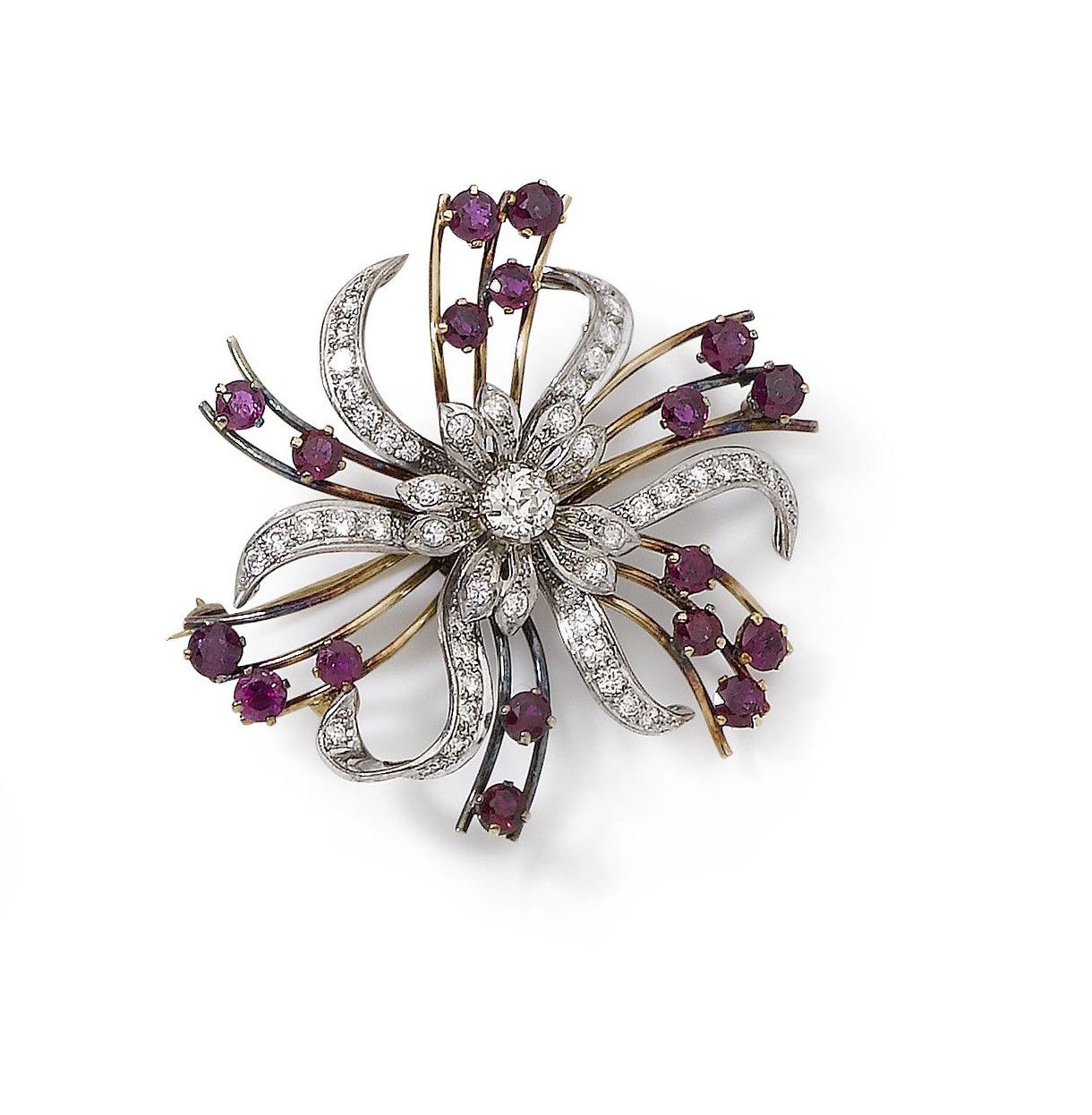 A ruby and diamond-set flower brooch,