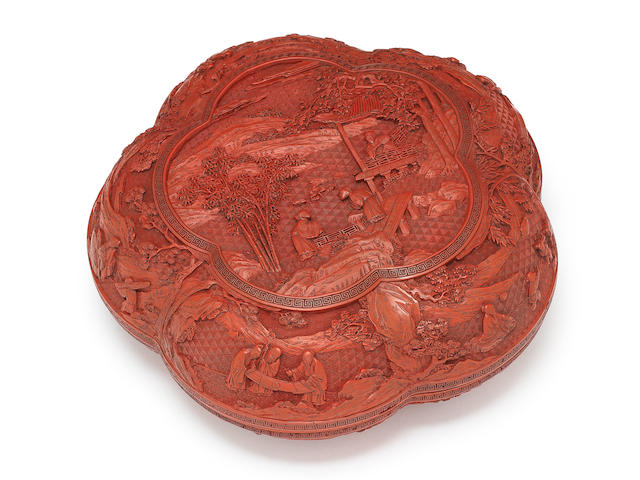 A rare carved cinnabar lacquer 'scholars' lobed box and cover Qianlong (2)