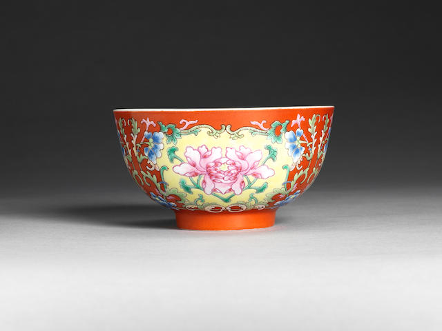 A fine famille rose coral-ground 'peony' bowl Underglaze blue Daoguang seal mark and of the period