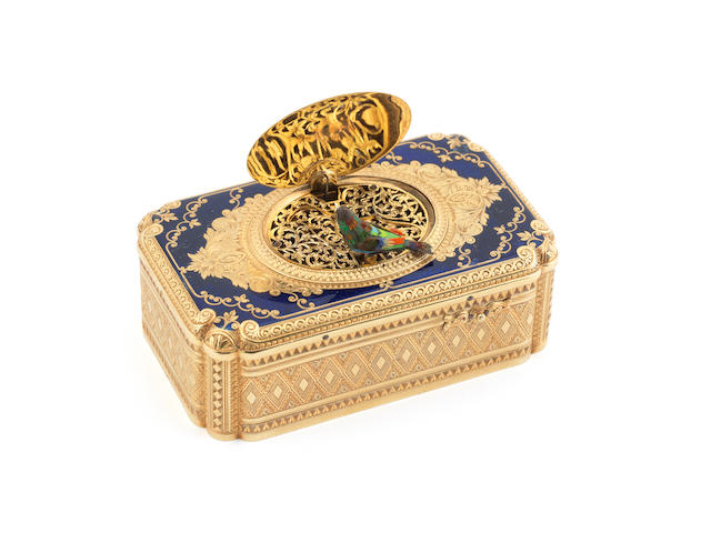 A rare gold, enamel and diamond encrusted singing bird box,  Swiss,  circa 1825,