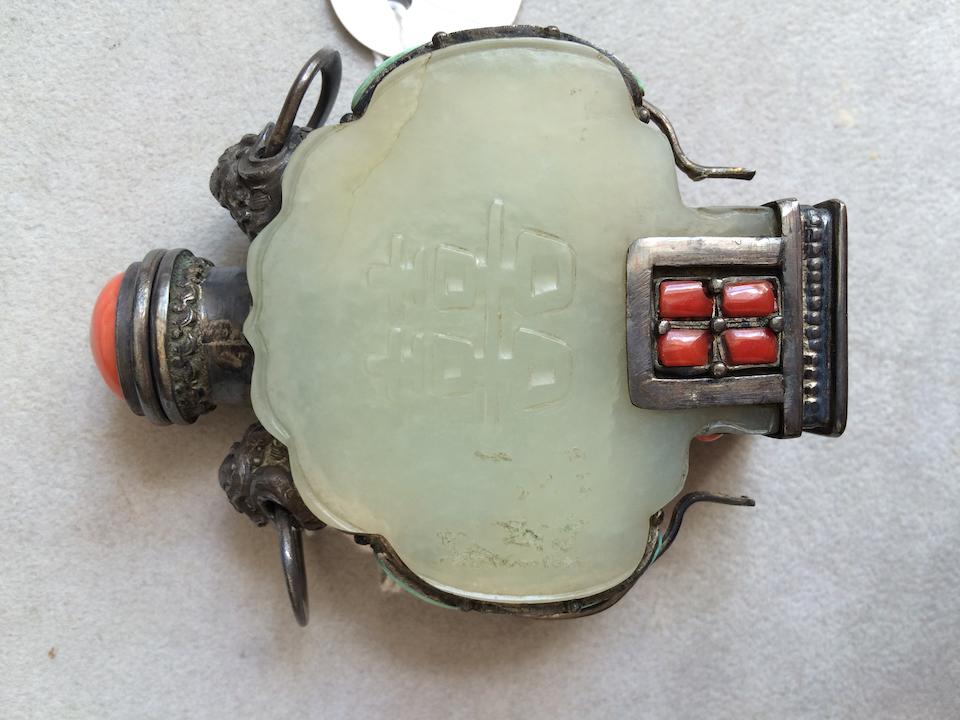 A Chinese carved jade 'marriage' snuff bottle with coral and turquoise inlays Late Qing dynasty